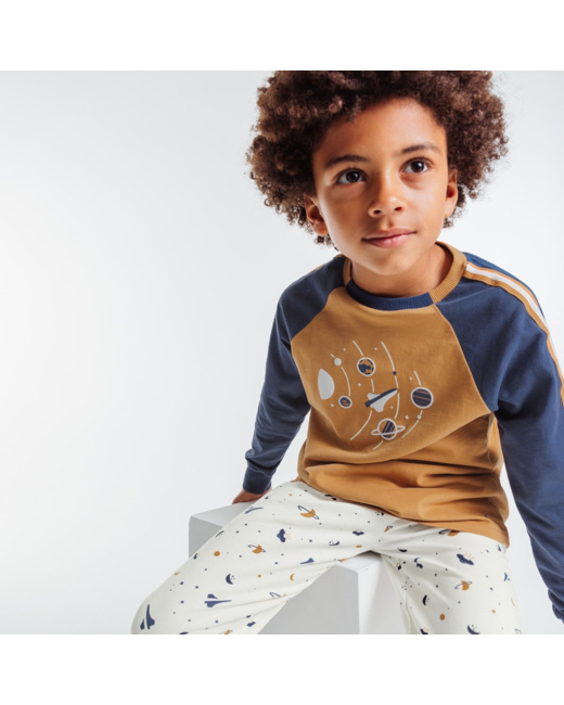 Pyjama 2 pièces en jersey motif planètes phosphorescentes marron garçon