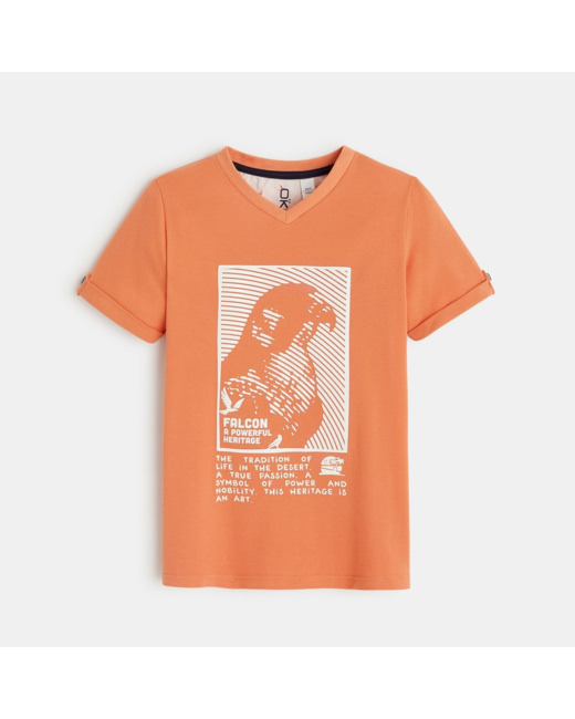 T-shirt col V à motif faucon orange garçon