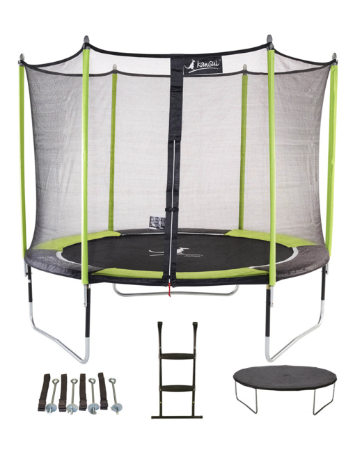Trampoline de jardin 305 cm + filet de sécurité + échelle + bâche de protection + kit d'ancrage JUMPI