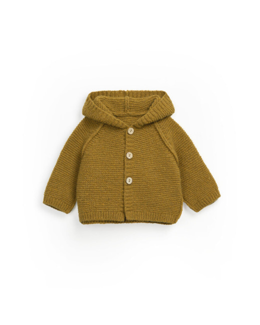 Gilet en laine à capuche pompon Rouille