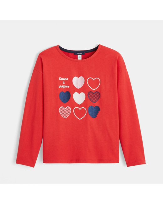 T-shirt motif et message coeur rouge fille