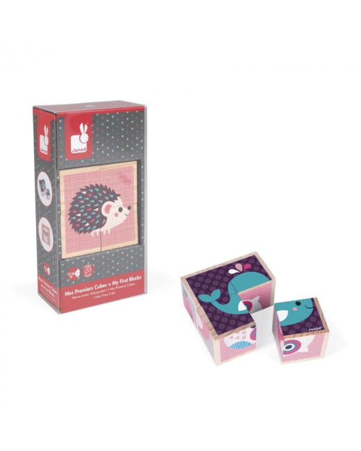 4 cubes en bois bébés animaux