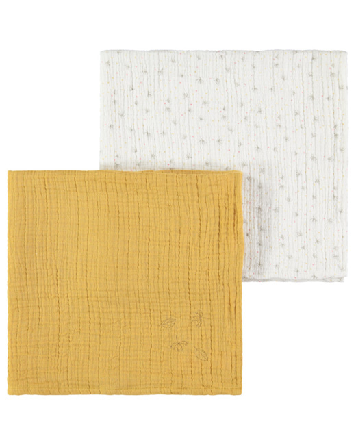 Lot de 2 langes en gaze de coton moutarde et imprimé feuilles