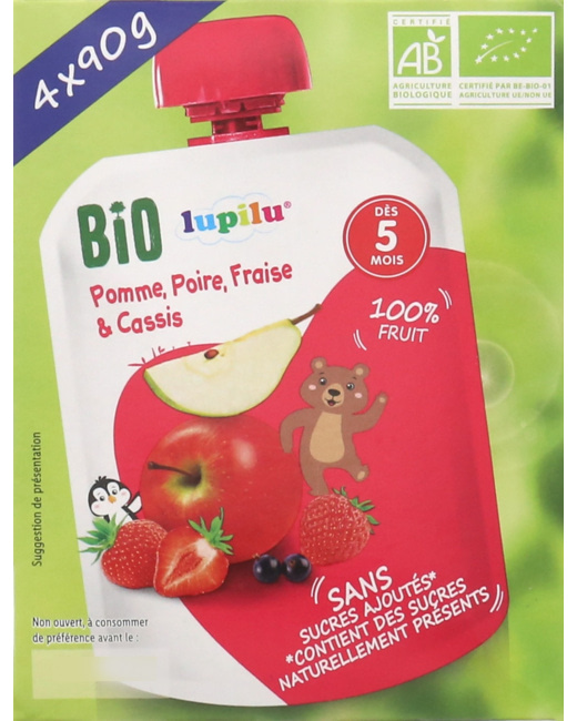 Compotes en gourdes bio - Pomme, poire, fraise et cassis
