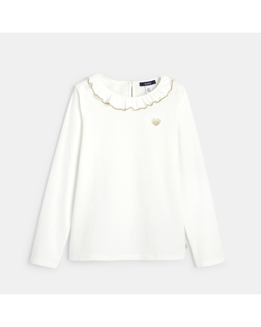 T-shirt brodé coeur à col collerette blanc fille