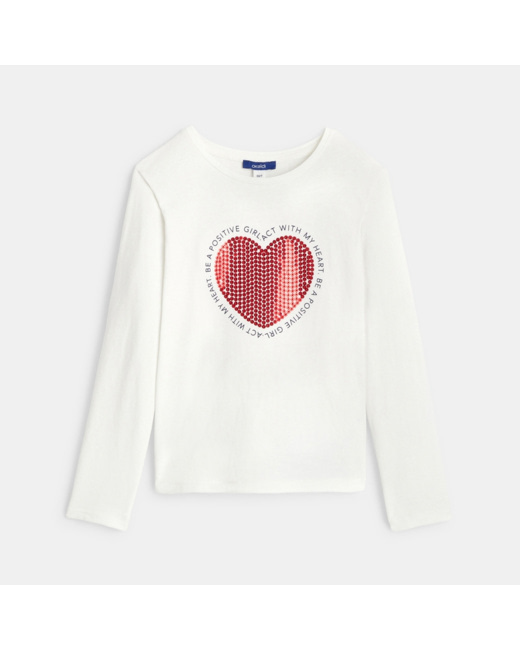 T-shirt cœur à paillettes blanc fille