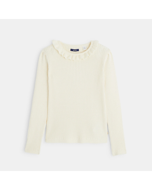 Pull côtelé à col collerette blanc fille