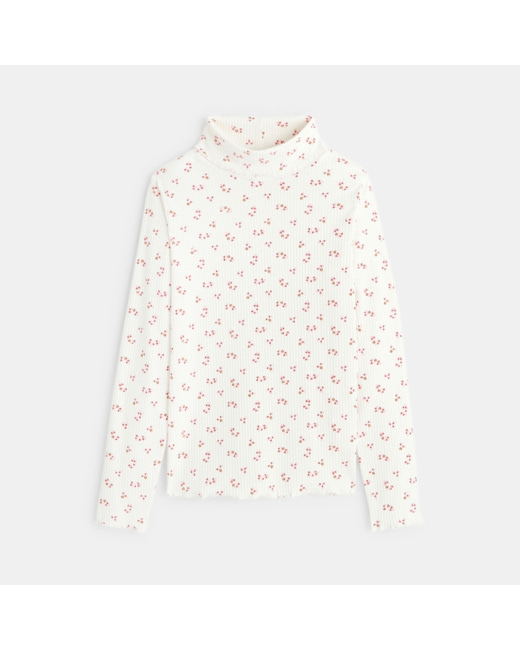 T-shirt col roulé côtelé imprimé rose fille
