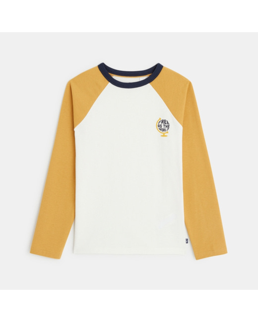 T-shirt bicolore à message "Free as the World" jaune garçon
