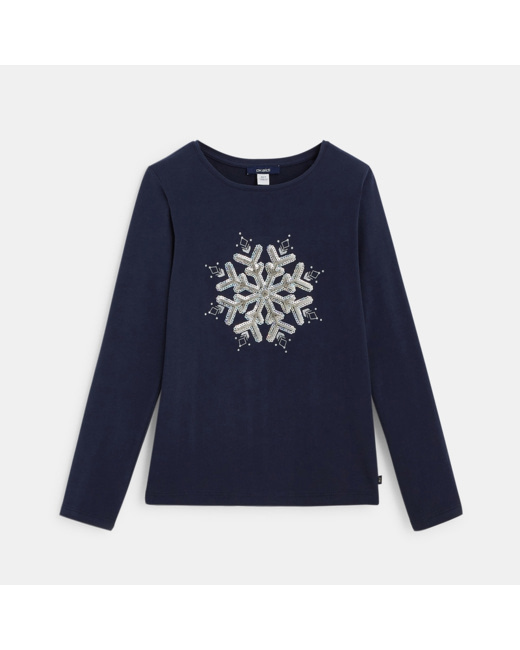 T-shirt coton bio à motif 3D flocons bleu fille