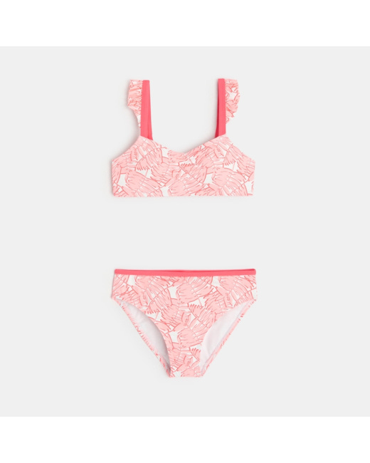 Maillot de bain 2 pièces motif feuillage rose fille