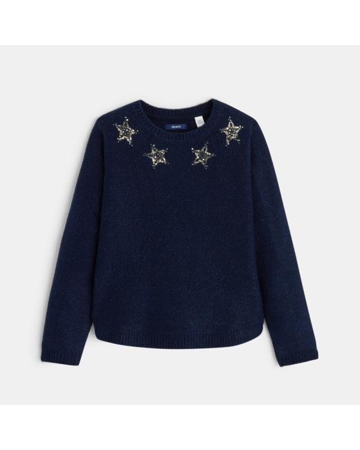 Pull au point mousse et motifs étoiles en sequins bleu fille
