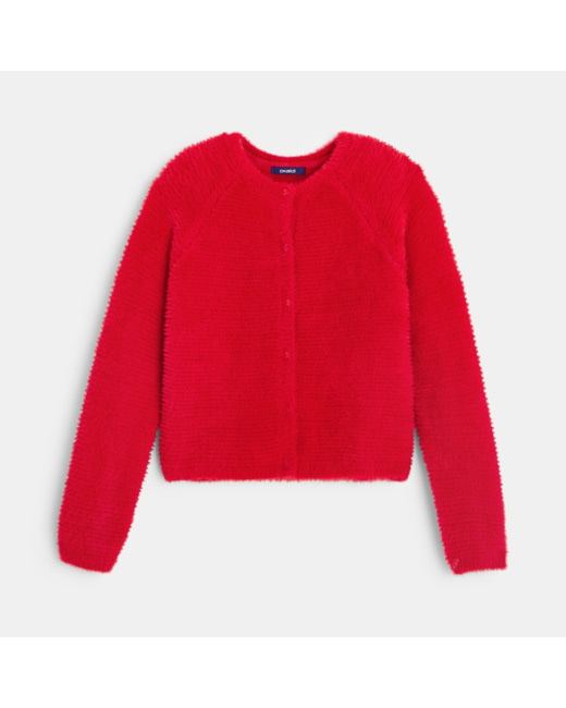 Cardigan tricot fluffy uni rouge fille