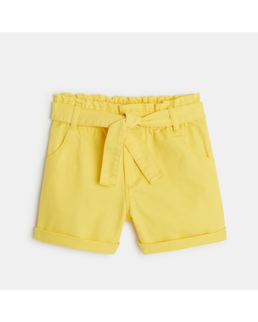 Short ceinturé en toile unie jaune fille