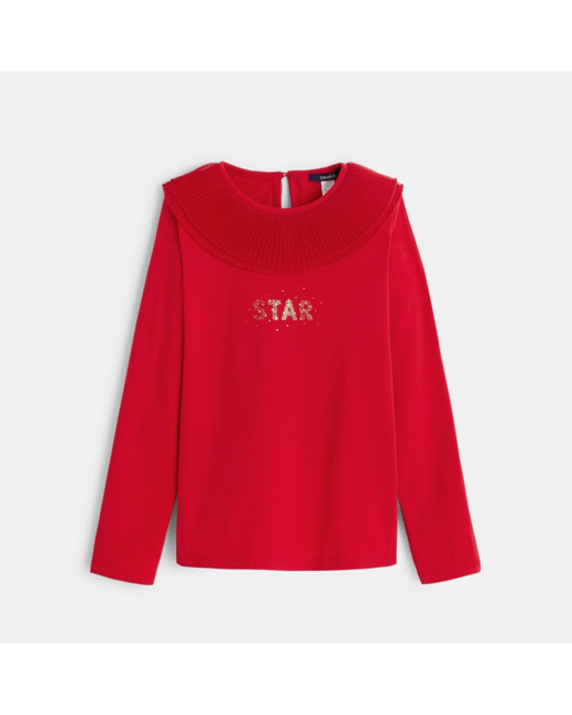 T-shirt à col-collerette plissé rouge fille