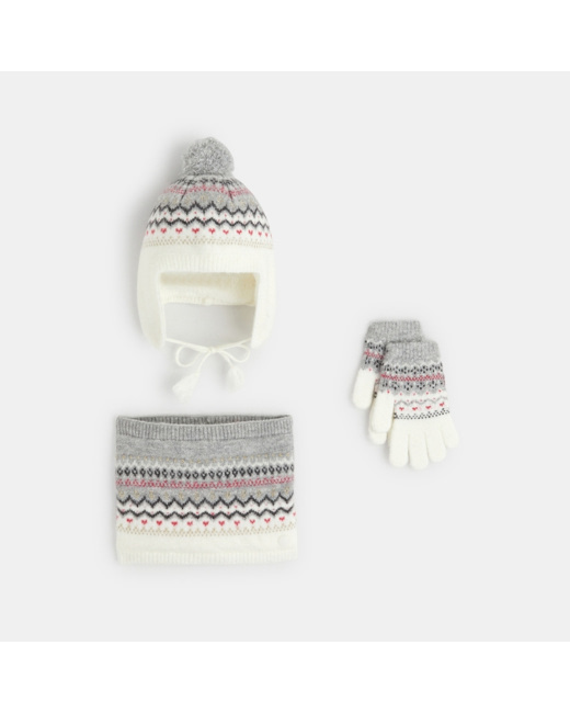 Bonnet péruvien + snood + gants blanc fille