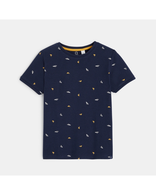 T-shirt en piqué de coton "Avion en papier" bleu garçon