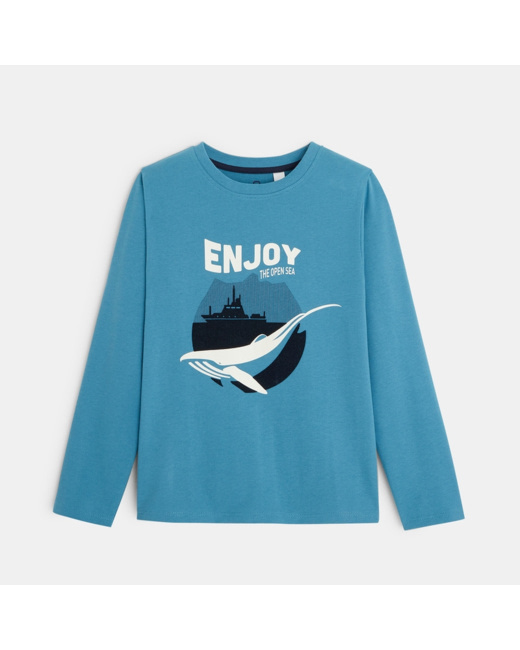 T-shirt manches longues à message et motif baleine bleu garçon