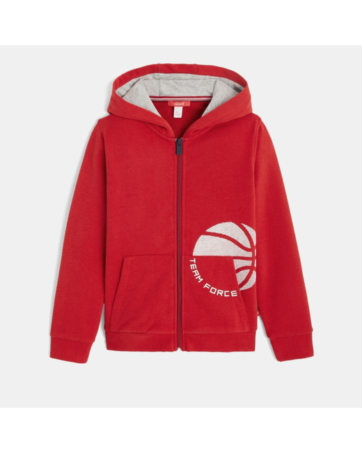 Sweat zippé à capuche en molleton chiné rouge garçon