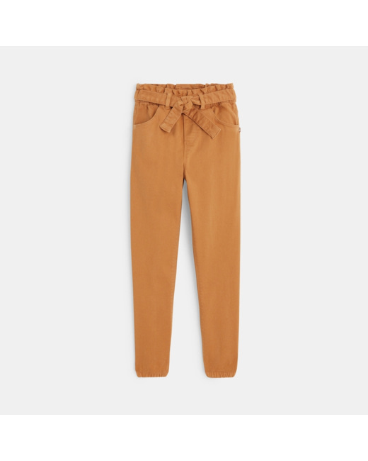 Pantalon en toile unie ceinturé marron fille
