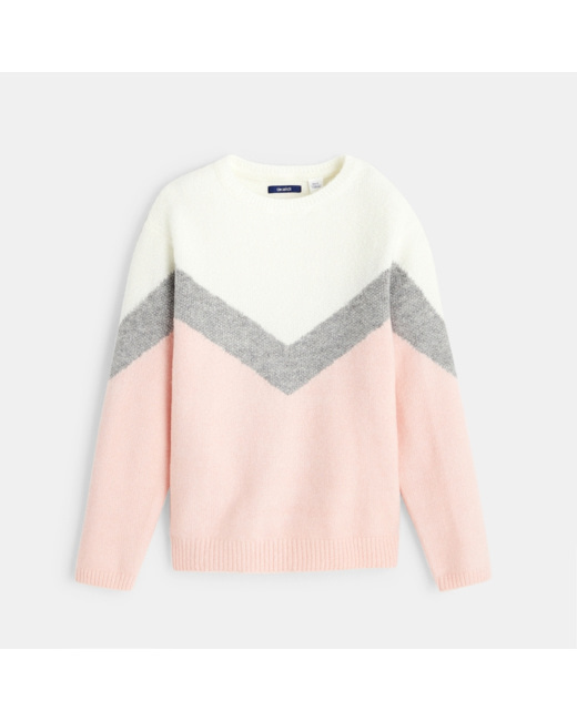 Pull tricolore en maille douce rose fille