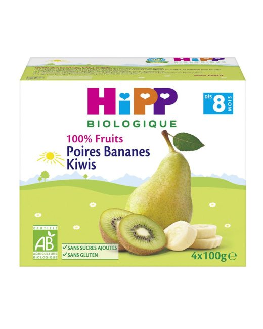 Poires Kiwiw Bananes 100% fruits - 4 coupelles x 100g - 8 mois