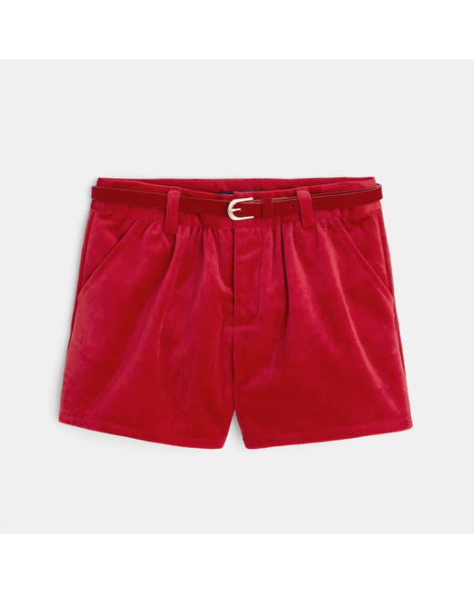 Short velours lisse et ceinture rouge fille