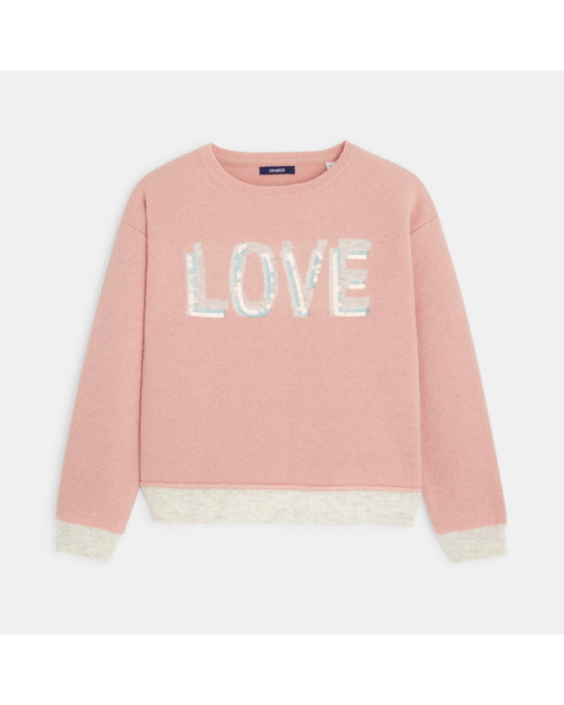 Pull à message LOVE en sequins rose fille