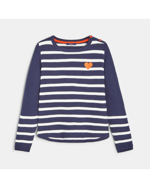 Pull rayé petit cœur bleu fille