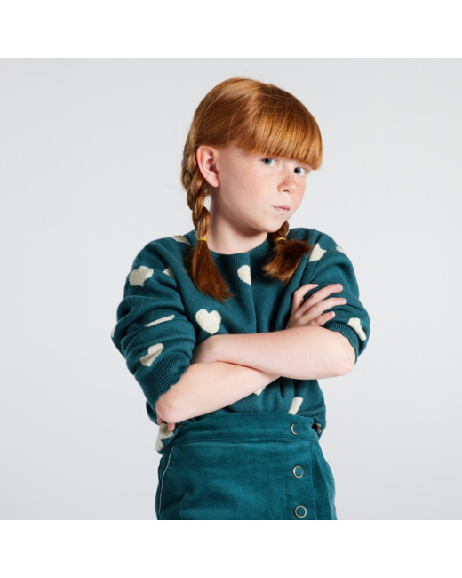 Pull col rond motif cœurs vert fille