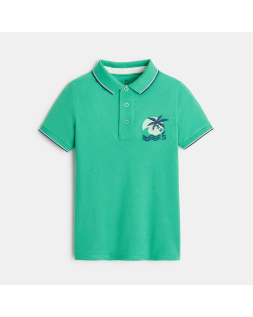 Polo en jersey piqué motif palmier vert garçon