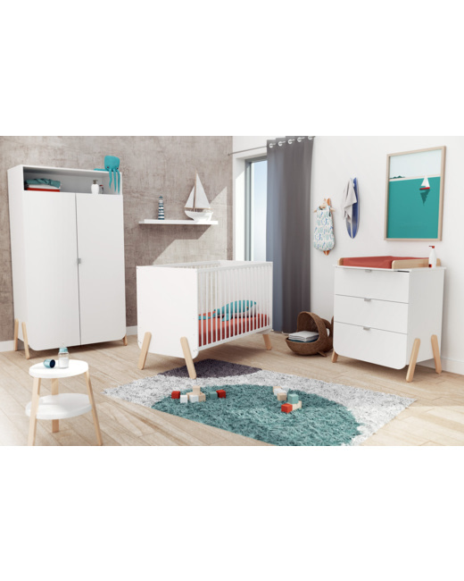 Chambre enfant lit + commode 3 tiroirs et armoire en bois PIRATE