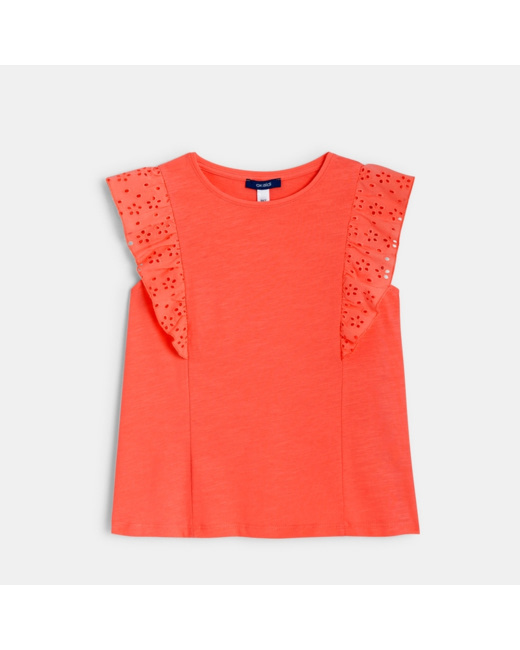 T-shirt détail broderie anglaise orange fille