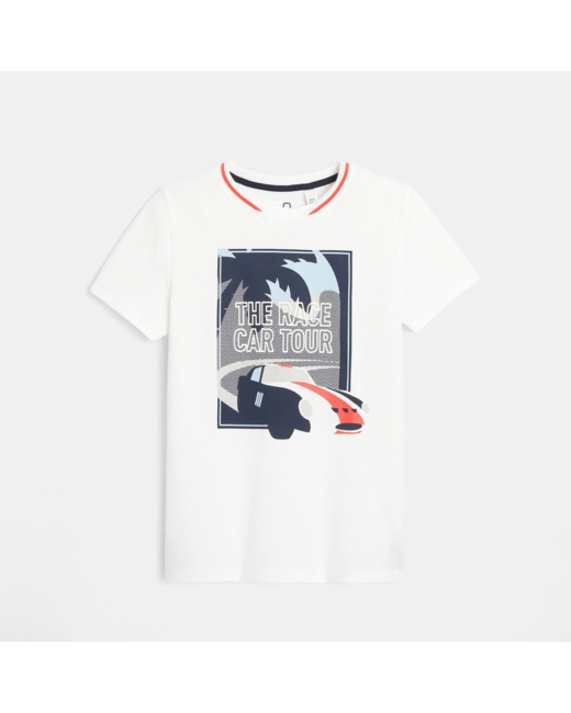 T-shirt maille piquée course automobile blanc garçon