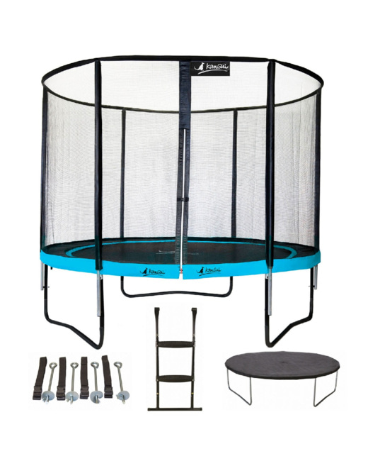 Trampoline de jardin rond 305 cm + filet + échelle + bâche + kit ancrage PUNCHI