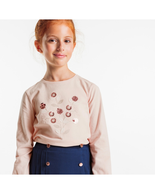 T-shirt à motif bouquet brodé de sequins rose fille