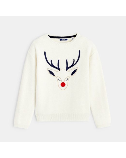 Pull de Noël col rond blanc fille