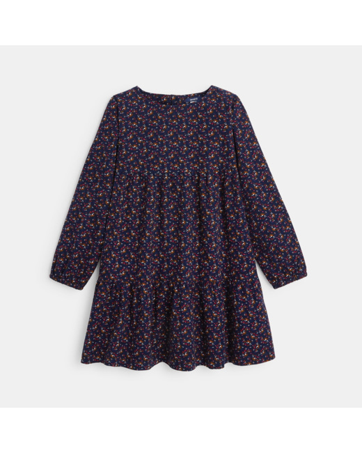 Robe évasée en velours côtelé motif fleuri rose fille