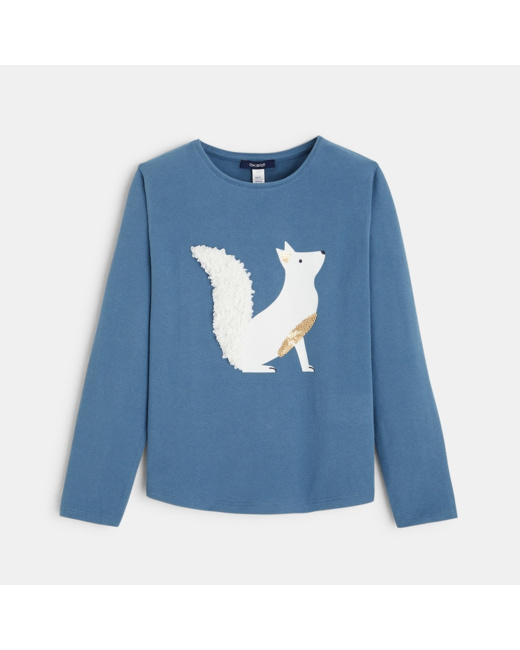T-shirt à motif Renard en relief bleu fille