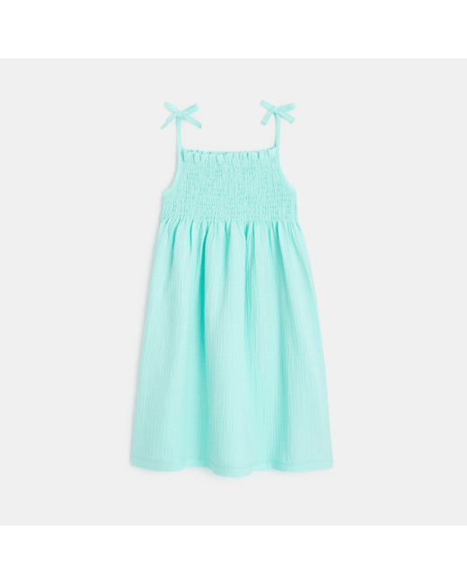 Robe à smocks unie en gaze de coton bleue fille