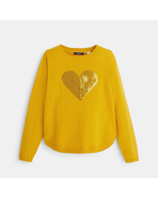 Pull fin avec motif cœur en sequins jaune fille