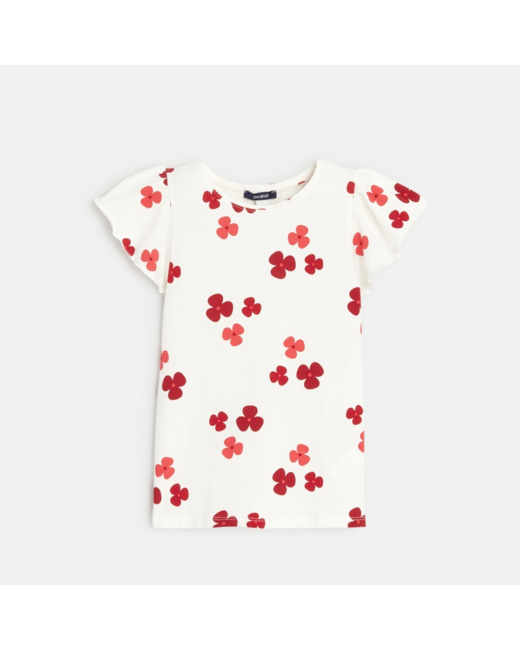 T-shirt fleuri à manches volantées blanc fille