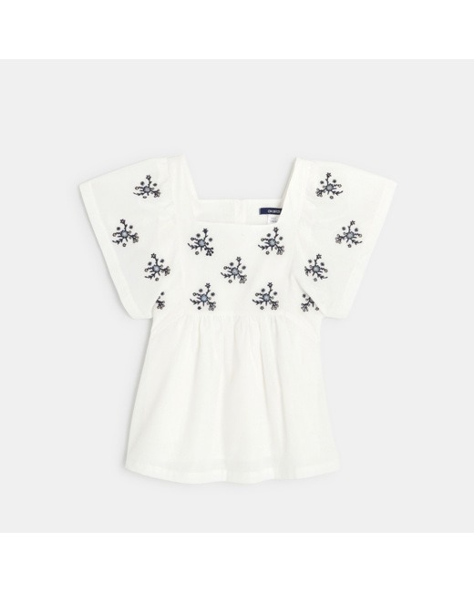 Blouse manches courtes brodée blanche fille