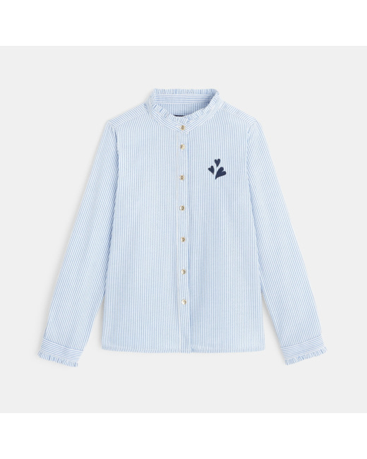 Chemise frou-frou rayée et broderie cœur bleue fille