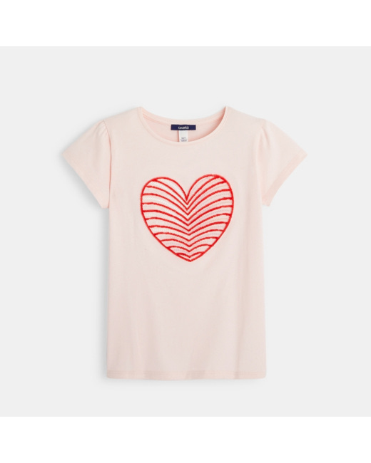 T-shirt coeur velours et sequins rose fille