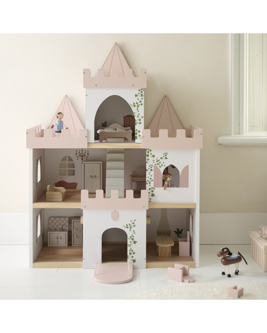 Maison De Poupée Château De Princesse En Bois - Figurines Et 10 Meubles