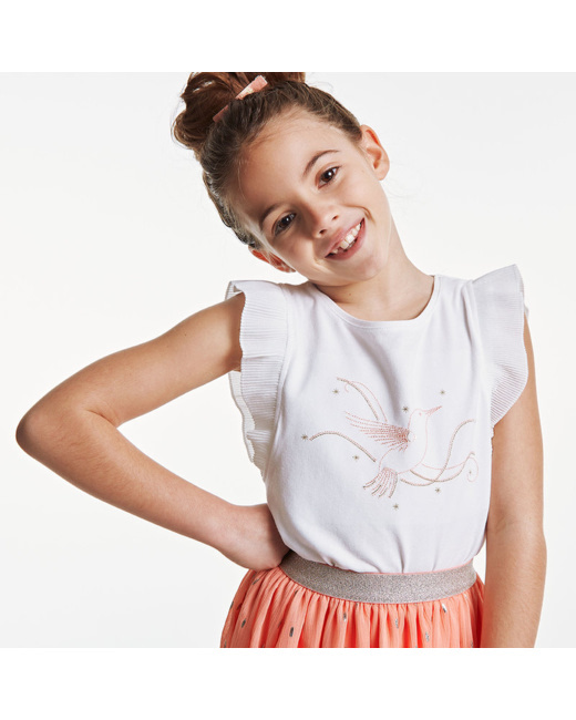T-shirt manches plissées oiseau blanc fille