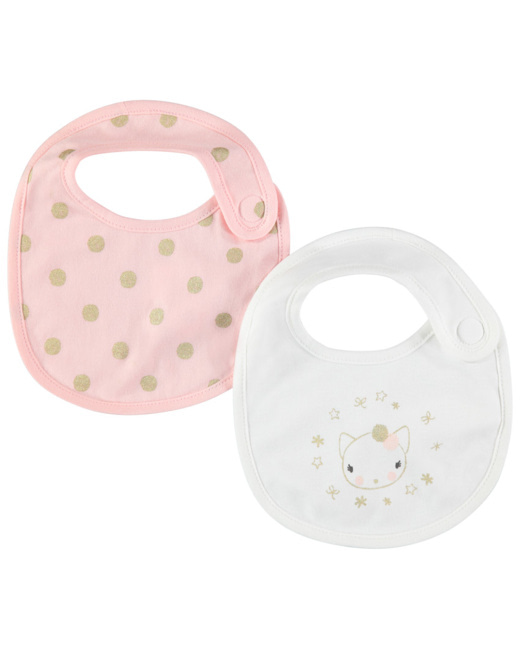 Lot de 2 bavoirs courts à pois dorés et motif chat printé doré