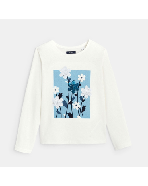 T-shirt manches longues à fleurs et sequins bleu fille