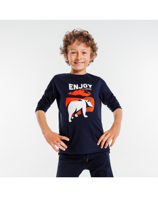 T-shirt manches longues à message et motif ours bleu garçon